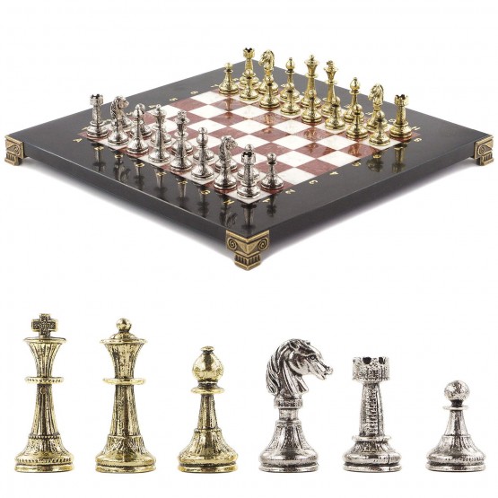 Шахматы турнирные "Стаунтон" с металлическими фигурами доска каменная 28х28 см