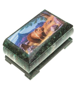Шкатулка с иллюстрацией "Медведь в горах" камень змеевик 17,5х9,5х7,5 см / шкатулка для ювелирных украшений / для хранения бижутерии / для денег
