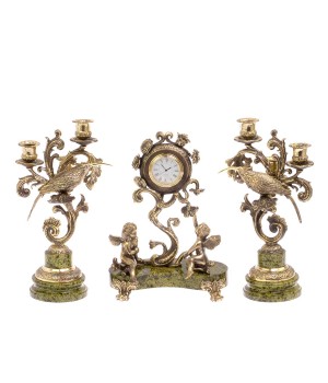 Каминные часы с канделябрами "Колибри" из бронзы и змеевика 115013