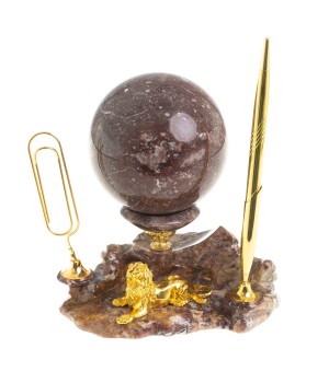 Письменный прибор "Лев у скалы" с шаром антистресс из камня креноид