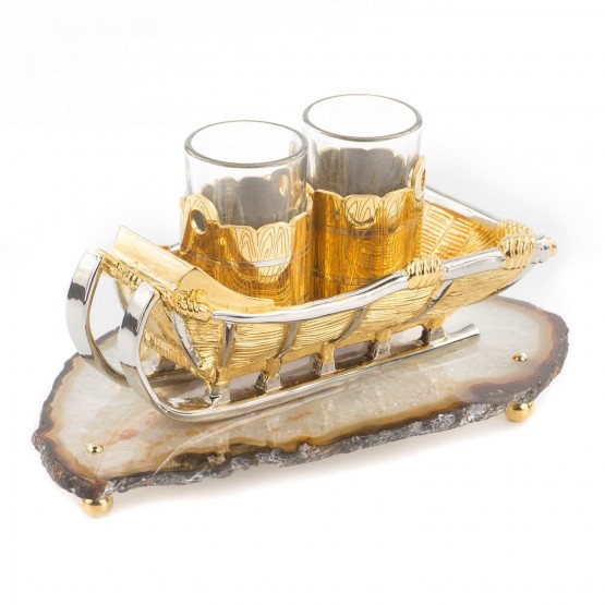 Подарочный набор икорница и 2 стопки для водки "Сани" камень агат в подарочной коробке Златоуст