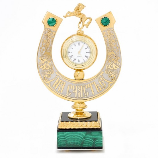 Декоративные часы "Подкова на счастье" камень малахит в подарочной коробке Златоуст