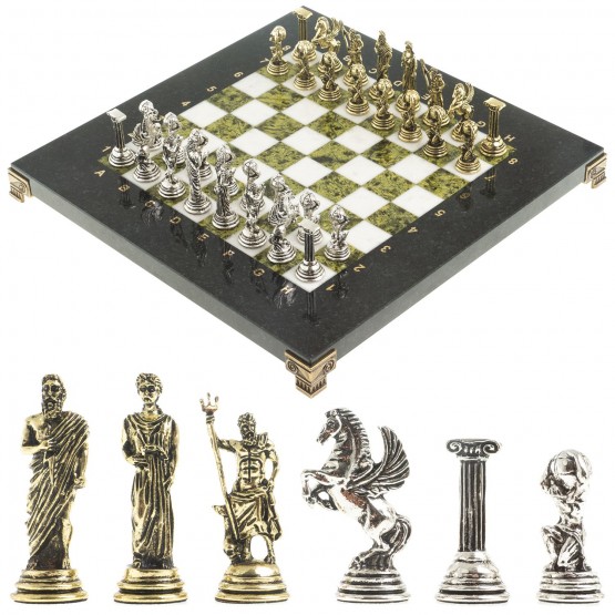 Сувенирные шахматы "Атлас" доска 28х28 см из камня мрамор змеевик фигуры металлические