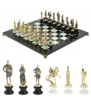 Шахматы "Русские" на подставках 44х44 см мрамор / змеевик литье бронза 128605