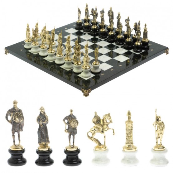 Шахматы "Русские" на подставках 44х44 см мрамор / змеевик литье бронза 128605
