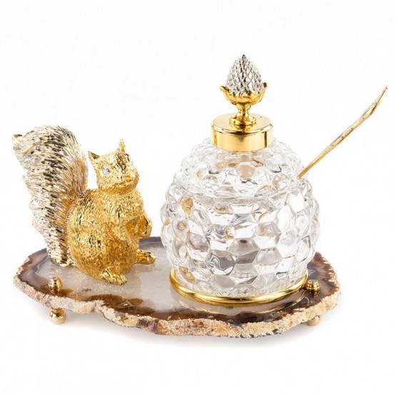 Медовница "Золотая белка" камень агат бронза в подарочной коробке Златоуст / посуда для меда / банка для меда / емкость под мед