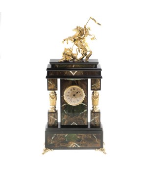 Каминные интерьерные часы "Георгий Победоносец" камень офиокальцит бронза