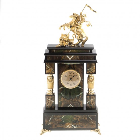 Каминные интерьерные часы "Георгий Победоносец" камень офиокальцит бронза