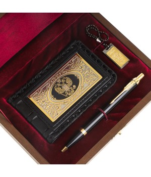 Подарочный набор "Гербовый" визитница черная кожа, флешка герб России и ручка Parker Златоуст