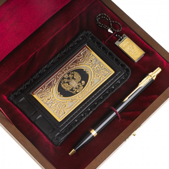 Подарочный набор "Гербовый" визитница черная кожа, флешка герб России и ручка Parker Златоуст