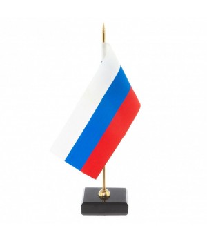 Настольный флагшток с флажком России квадратный из черного обсидиана 6,5х6,5х27 см