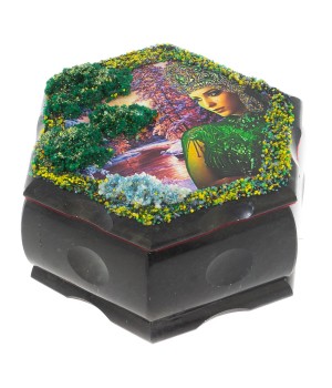 Каменная шкатулка с рисунком для хранения бижутерии "Хозяйка медной горы Осень" внутри зеркало 14х12,5х7 см