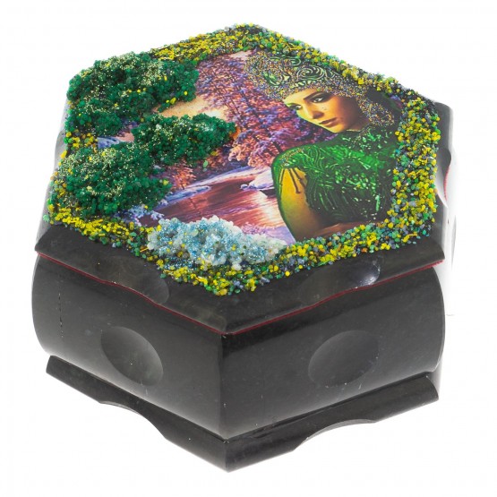 Каменная шкатулка с рисунком для хранения бижутерии "Хозяйка медной горы Осень" внутри зеркало 14х12,5х7 см