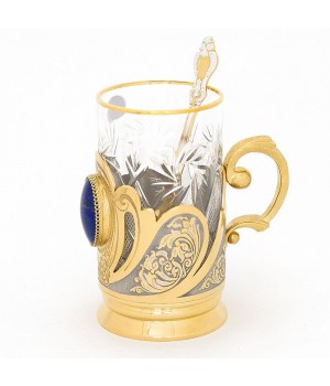 Позолоченный подстаканник "Лазуритовый" со стаканом и ложкой в подарочной коробке Златоуст