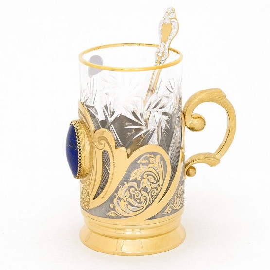Позолоченный подстаканник "Лазуритовый" со стаканом и ложкой в подарочной коробке Златоуст