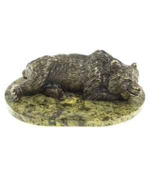Декоративная статуэтка из бронзы "Большой медведь лежит" на подставке из змеевика
