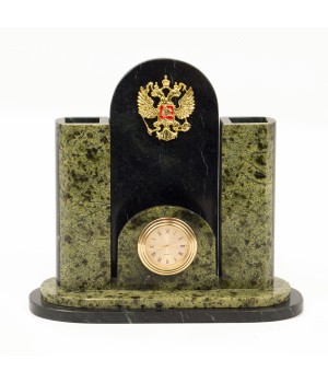 Настольные часы с карандашницей "Герб России" камень змеевик