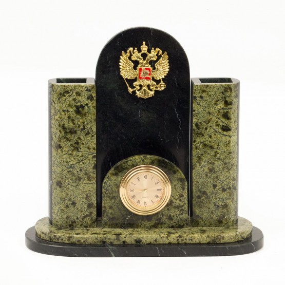 Настольные часы с карандашницей "Герб России" камень змеевик 116664