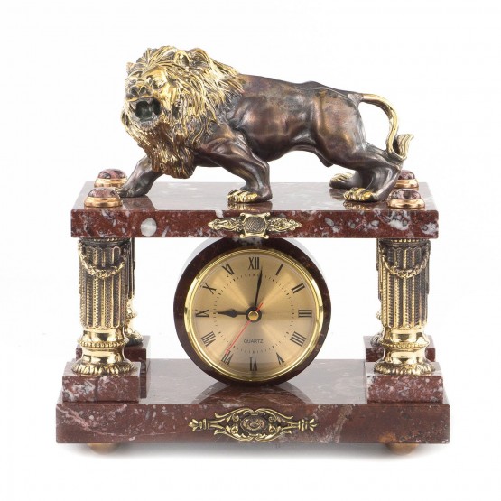 Каменные часы с бронзой "Лев на охоте" камень креноид 119675