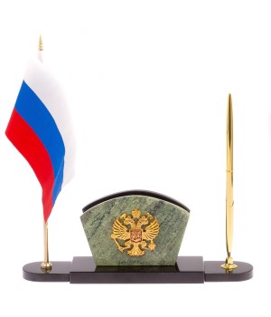 Визитница с флагом и гербом РФ камень жадеит / Офисный набор / Настольная подставка для визиток