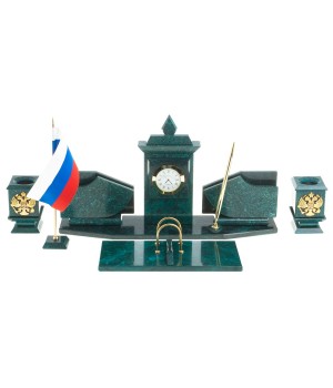 Настольный канцелярский набор с гербом и флагом России камень змеевик