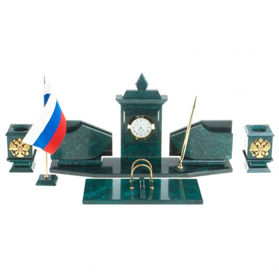 Настольный канцелярский набор с гербом и флагом России камень змеевик 113468