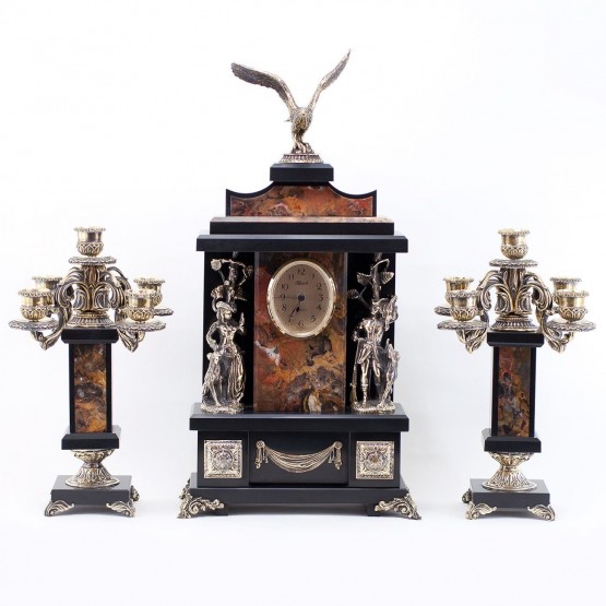 Каминные часы с канделябрами "Охота" из натуральной яшмы и бронзы 113088