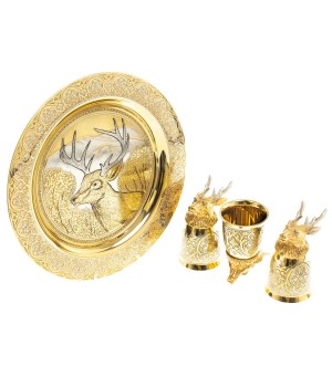 Подарочный набор "Олень" тарелка с гравюрой и 3 стопки перевертыша 70 мл бронза Златоуст