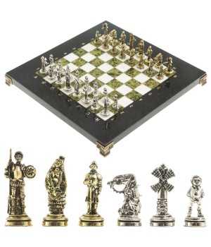 Подарочные шахматы "Дон Кихот" доска 28х28 см из камня мрамор змеевик фигуры металлические