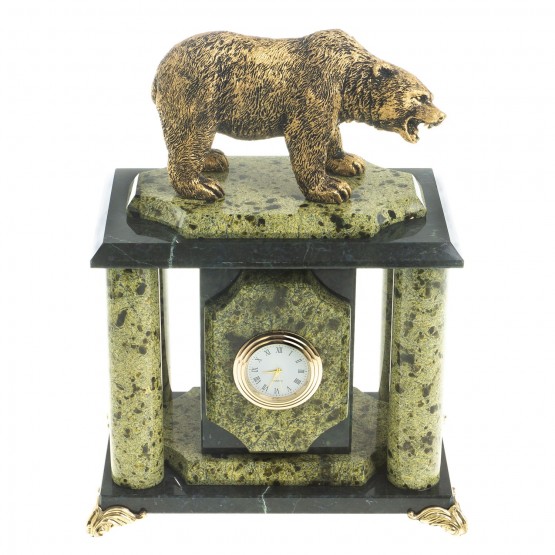 Настольные декоративные часы "Бурый медведь" камень змеевик
