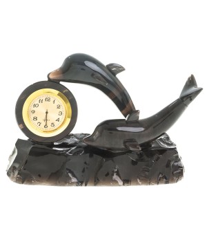 Часы настольные "Пара дельфинов" камень обсидиан 122924
