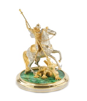 Подарочная статуэтка из бронзы с позолотой "Святой Георгий Победоносец" малахит Златоуст