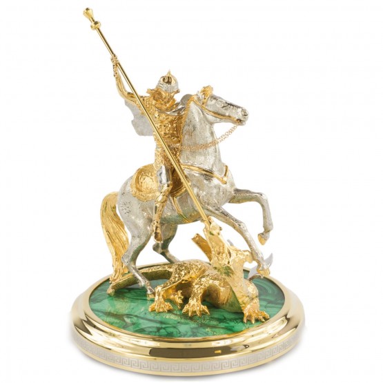 Подарочная статуэтка из бронзы с позолотой "Святой Георгий Победоносец" малахит Златоуст