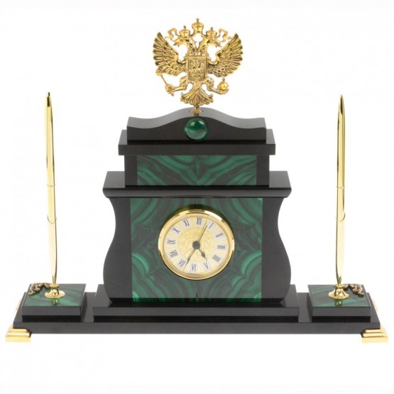 Настольные часы "Герб России" с ручками из малахита 127532