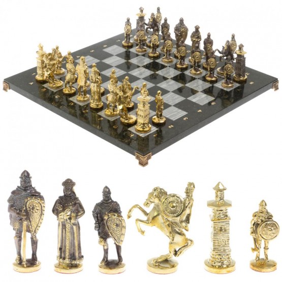 Шахматы подарочные "Богатыри" из змеевика и серого мрамора 44х44 см 129646