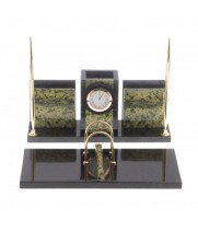 Письменный набор с часами "Офисный" камень змеевик / Канцелярский набор / Набор письменных принадлежностей / Офисный набор