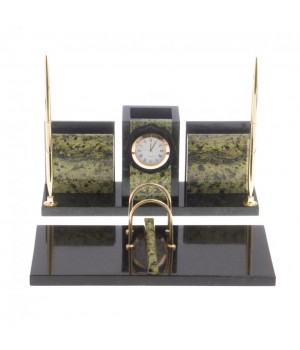 Письменный набор с часами "Офисный" камень змеевик / Канцелярский набор / Набор письменных принадлежностей / Офисный набор