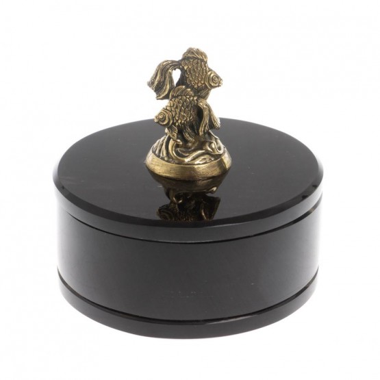 Шкатулка круглая "Две рыбки" из черного обсидиана 7,5х7,5х8 см 130050