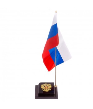 Флагшток на офисный стол "Герб РФ" из черного обсидиана / держатель для флага / флажок Российской федерации / триколор России