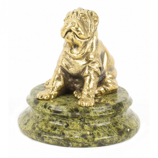 Настольная статуэтка фигурка из бронзы собака "Шарпей" на подставке из камня змеевик