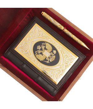 Подарочный набор "Держава" ежедневник А6 в кожаном переплете и металлическая ручка с Златоустовской гравюрой в деревянной упаковке