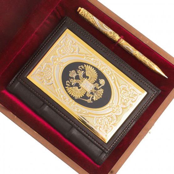 Подарочный набор "Держава" ежедневник А6 в кожаном переплете и металлическая ручка с Златоустовской гравюрой в деревянной упаковке