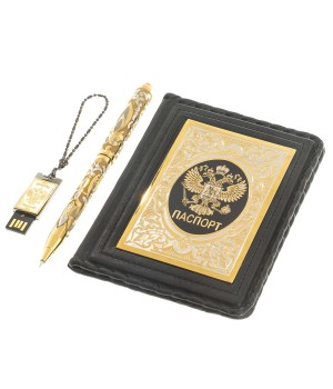 Подарочный набор "Гербовый" кожаные корочки для паспорта, флешка брелок 32 Gb, ручка с гравюрой Златоуст