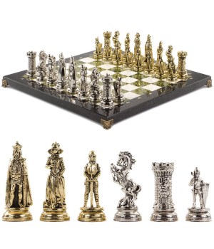 Шахматы подарочные "Средневековые рыцари" доска 44х44 см из камня мрамор и змеевик фигуры металлические