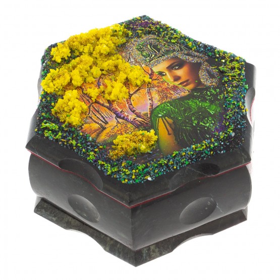 Каменная шкатулка с рисунком для хранения бижутерии "Хозяйка медной горы осень" 14х12,5х7 см