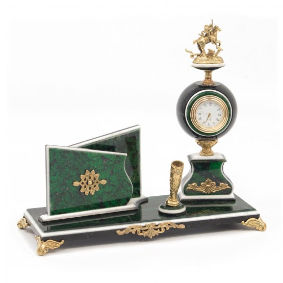 Письменный набор с визитницей "Георгий Победоносец" камень змеевик зеленый