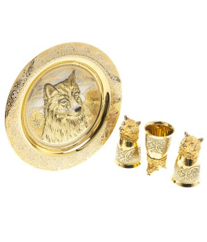 Подарочный набор "Волк" тарелка с гравюрой и 3 стопки перевертыша 70 мл Златоуст