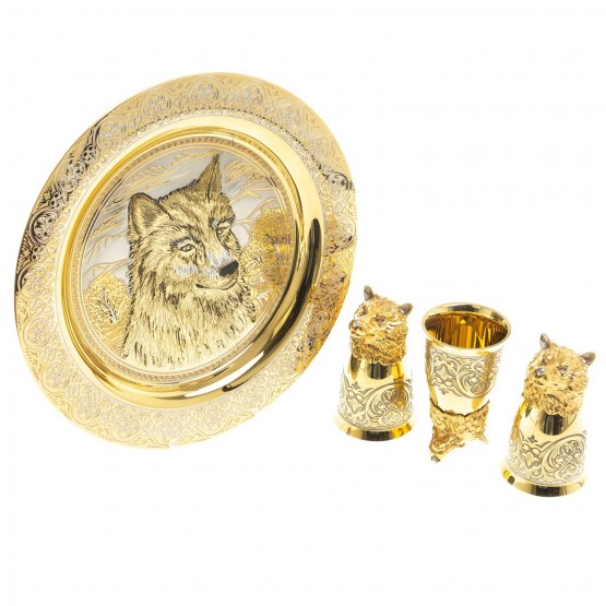 Подарочный набор "Волк" тарелка с гравюрой и 3 стопки перевертыша 60 мл Златоуст