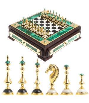 Подарочный набор шахматы и шашки "Царские" камень малахит Златоуст