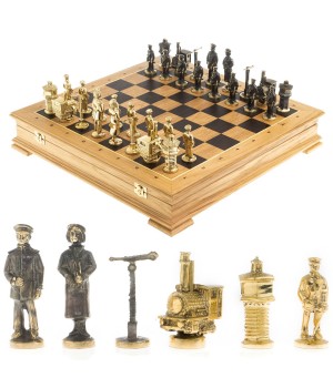Шахматный ларец "РЖД" доска дуб 43,5х43,5 см / Шахматы подарочные / Шахматы металлические / Шахматный набор / Шахматы деревянные